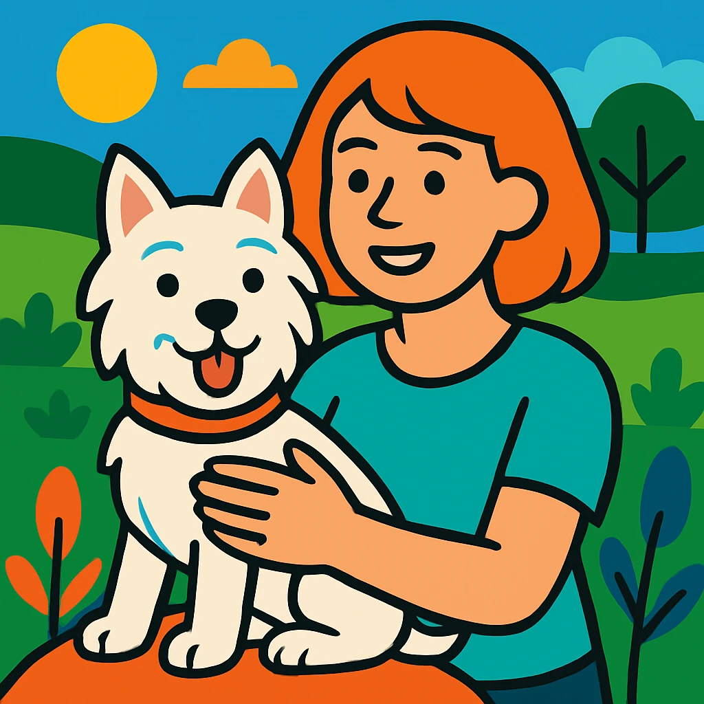 Change the woman's hairstyle to a short bob, keep the vibrant and friendly scene with the Westie dog. emoji