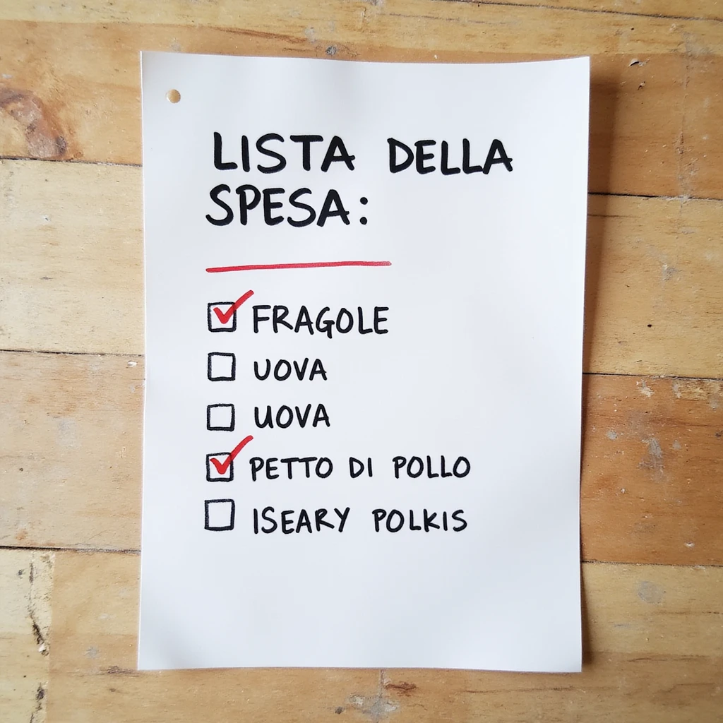top view of a sheet of paper with handwritten shopping list in pen: 'LISTA DELLA SPESA: - FRAGOLE - UOVA - PETTO DI POLLO', with check marks on purchased items, hyperrealistic 4K, no background emoji