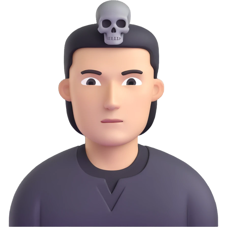 man with oval-shaped flat-top head wearing a black shirt with a gray skull on the front emoji