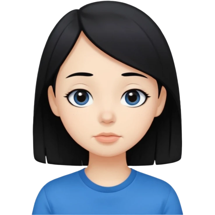 Cute cartoon-style girl portrait, black hair, blue t-shirt, big black eyes, closed mouth,clean bold lines, flat colors, minimal shading emoji