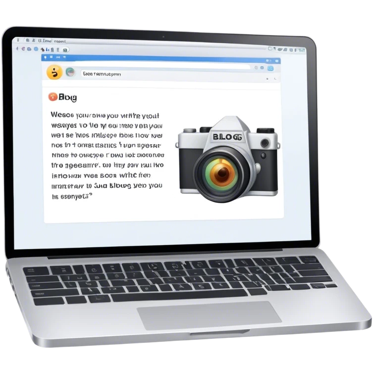 Create an emoji representing blogging. The design should feature an open laptop or tablet with a visible blog post on the screen, showing text. Add a photo or video camera to emphasize multimedia content. Do not include any emojis or smiley faces. Make the background transparent. emoji