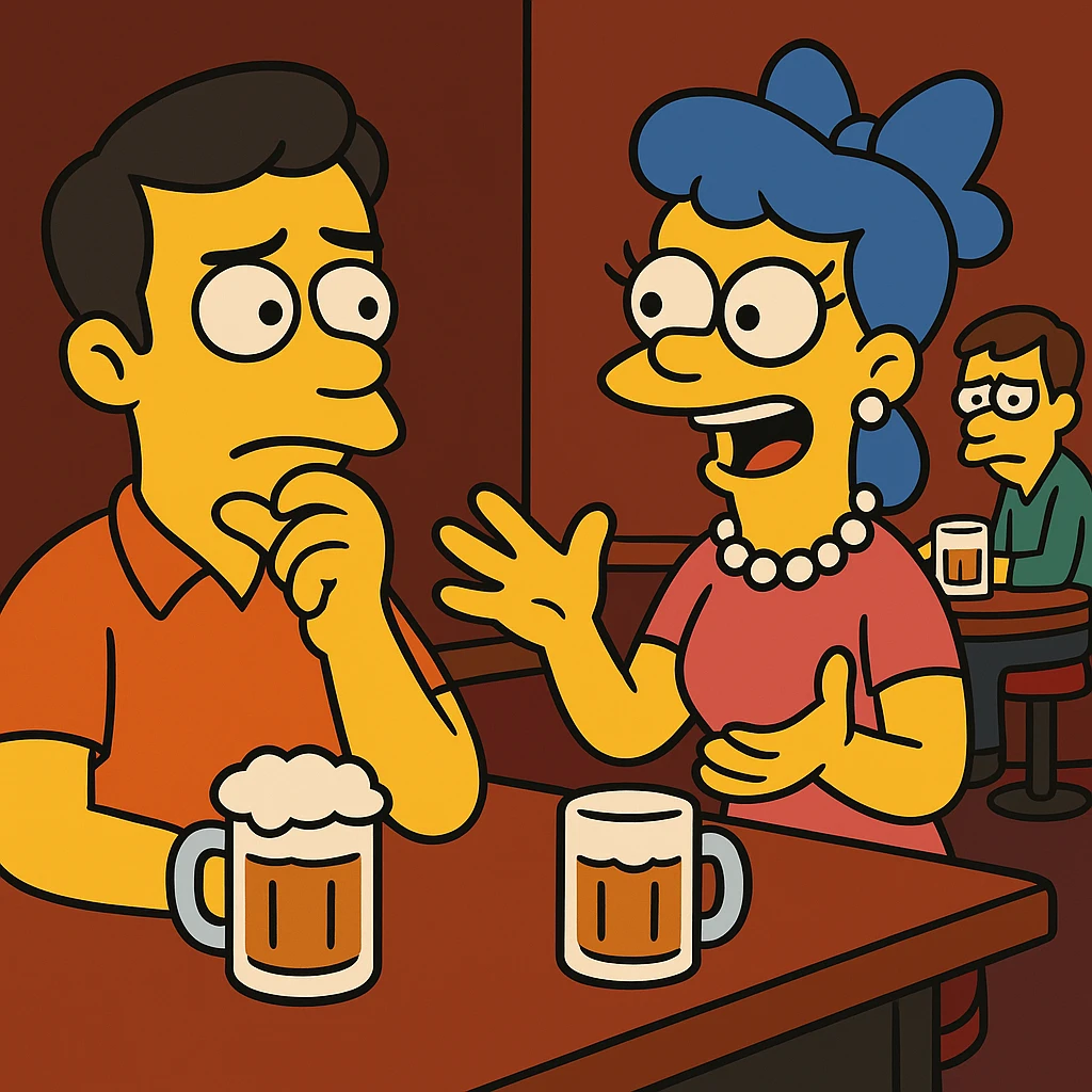 His voice sounded familiar, but I couldn’t remember where I knew him from. 2 person sitting ina bar, talking about a strange guy, sitting in a corner. A puzzled man thinking emoji