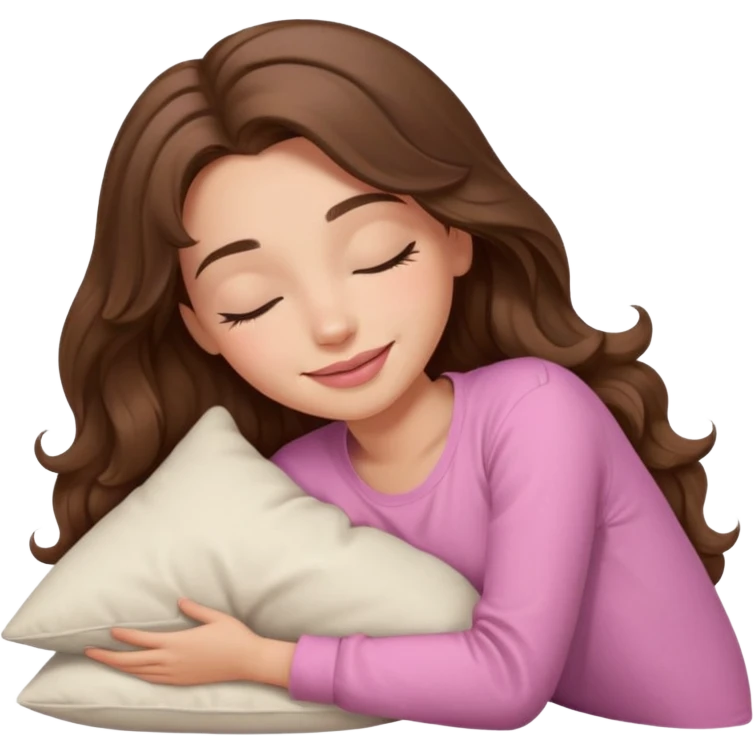 girl with wavy long brown hair, brown eyes, light to medium complexion, long lashes, light pink lipstick, smiling, wearing light pink shirt, sleeping on a cozy pillow emoji