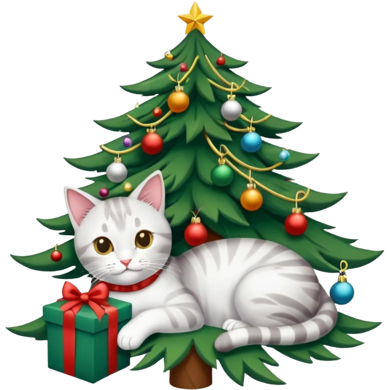grau weiße Katze im geschmückten Weihnachtsbaum mit Lametta um sich rum und unten liegen ein paar Weihnachtskugeln emoji