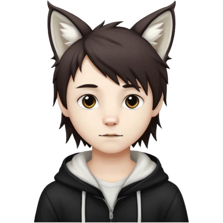 White cute boy with dark brown emo-style hair and white lynx ears emoji