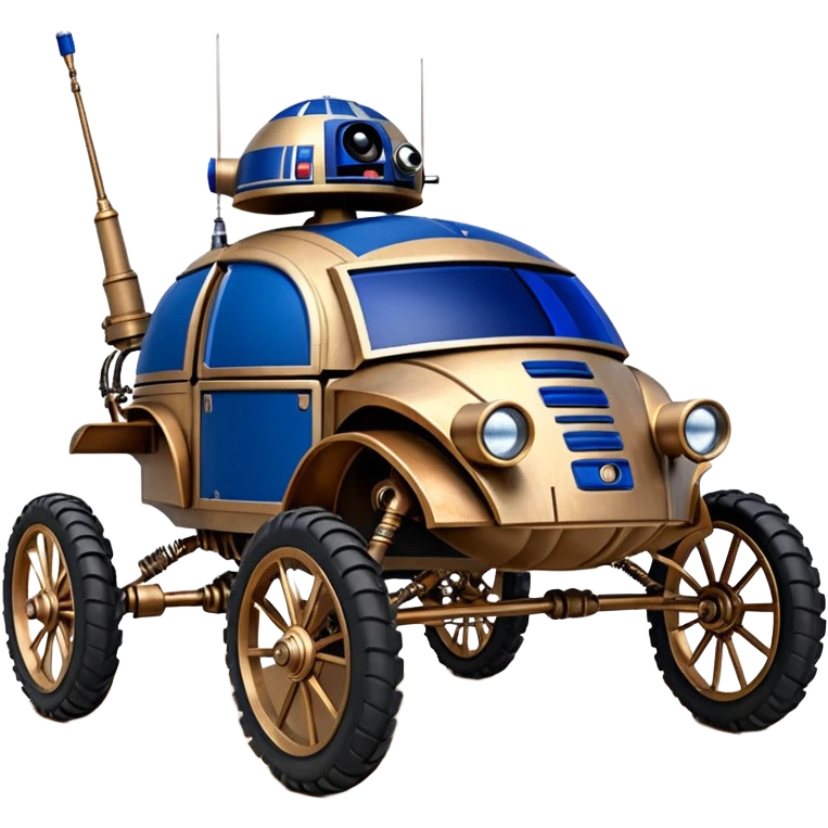 Old American West tarnished R2D2 bounty hunter 1854 delicately ornate rosegold accents painted dune buggy buckboard wagon powered by electric motors and batteries with safety features and belts flying rapidly across rough dusty terrain stable on strong agile futuresteampunk suspension and steering  emoji