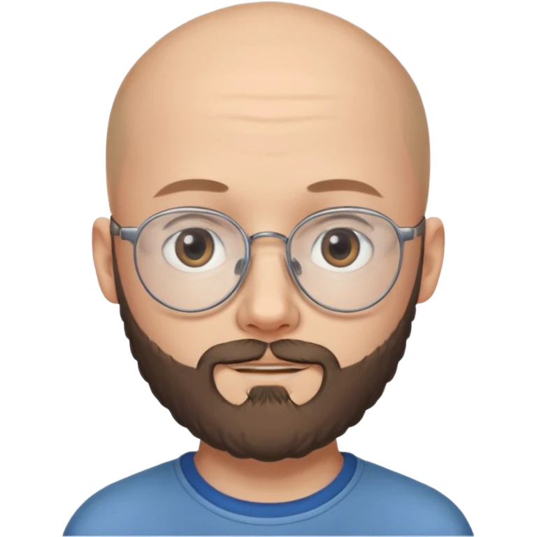 молодой парень 18 лет, лысый, с густой бородой и очень тонкими очками. У него серые глаза, и он выглядит как ребенок, несмотря на свой возраст. emoji