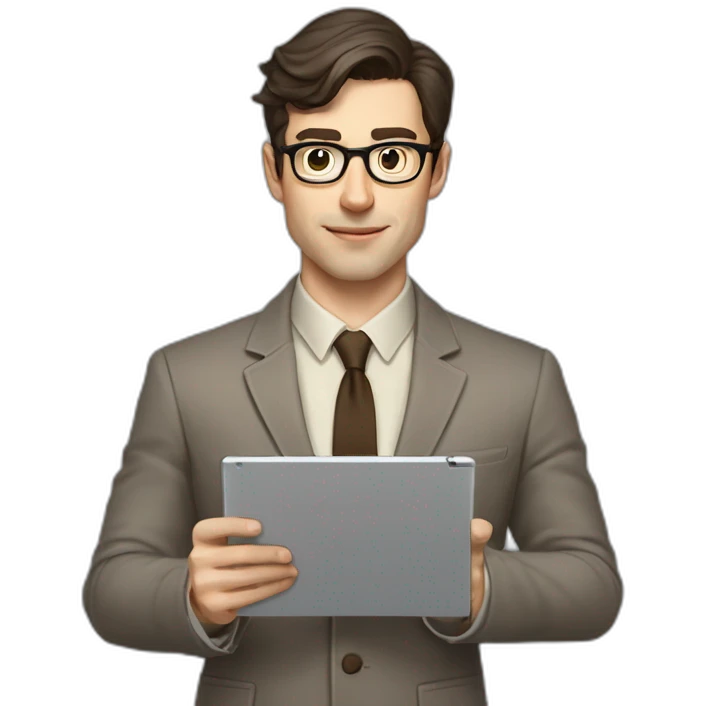 Pale skinned fit man with dark brown hair in gray jacket, beige office shirt, brown tie, brown pants and vintage glasses Writing on the tablet emoji