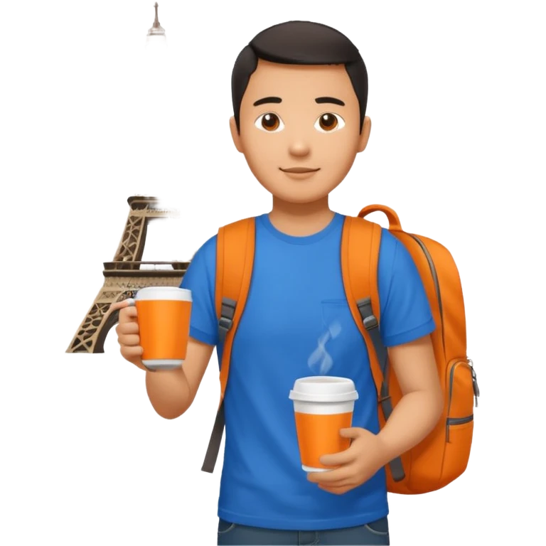 an asian man in blue t-shirt with orange cup of coffee and backpack on the back. Eiffel tower on the background. shoulder length picture emoji