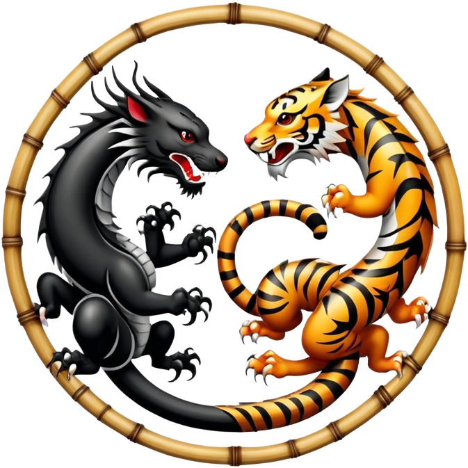 An icon symbolizing Eastern martial arts in the style of an emblem, featuring a black-and-white Yin-Yang symbol, a dragon, and a tiger. The dragon and tiger represent strength and agility, surrounding the symbol. Traditional elements like bamboo add to the design. Transparent background. emoji