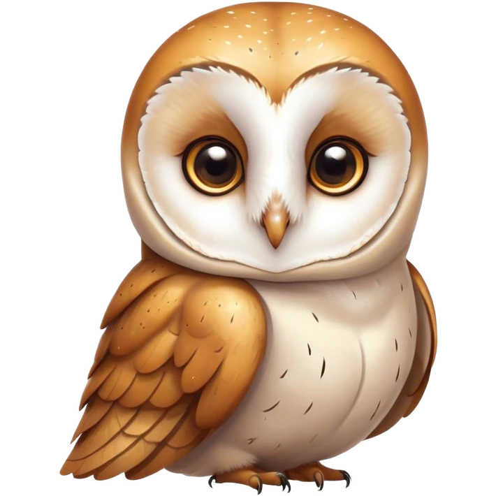 Cinematic Cute Barn Owl Portrait Emoji, Head tilted playfully and inquisitively, featuring a softly mottled Fur of white and brown with delicate feather patterns, round, sparkling amber eyes filled with curious wonder, Simplified yet irresistibly adorable features, highly detailed, glowing with a warm, friendly glow, high shine, affectionate and gentle, stylized with a touch of barnyard whimsy, bright and endearing, soft glowing outline, capturing the essence of a mischievous yet loving owl, so playful it feels like it could swoop out of the screen and into your arms! emoji