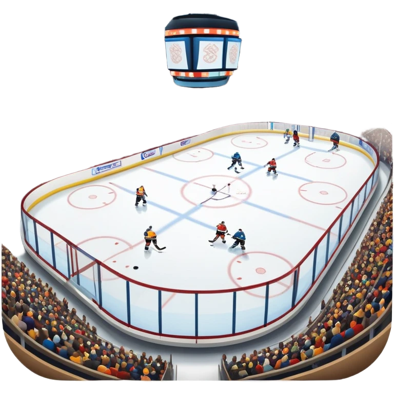 Please, make An icon featuring The background shows a packed stadium with cheering fans, bright arena lights, and an icy rink and close-up shots of key hockey equipment: a hockey stick, puck, and skates. Transparent background highlights the essentials of the game and the thrill of the sport. emoji