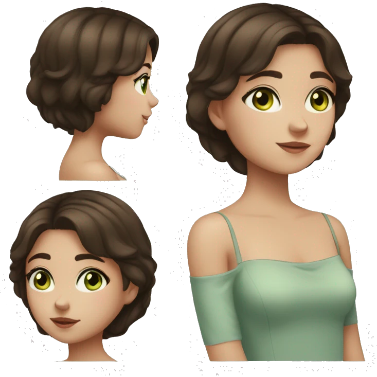 young girl girl with brown hair in a side part, wearing off shoulder top, light coloured skin, greenish blue eyes, dark brown hair, hair covering eye emoji