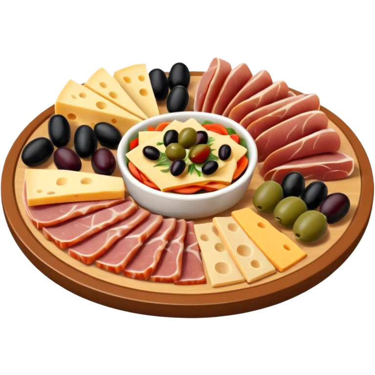 A 3D cartoon platter of assorted deli items like sliced meats, cheese, and olives, colorful and appetizing, Memoji-style. emoji