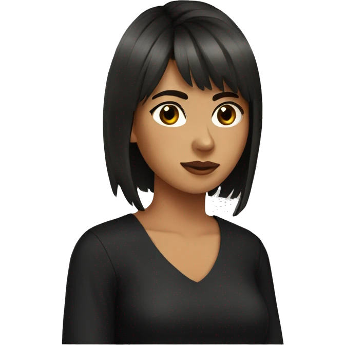 Mexican young woman, brown wolf haircut, hair bangs, black shirt emoji