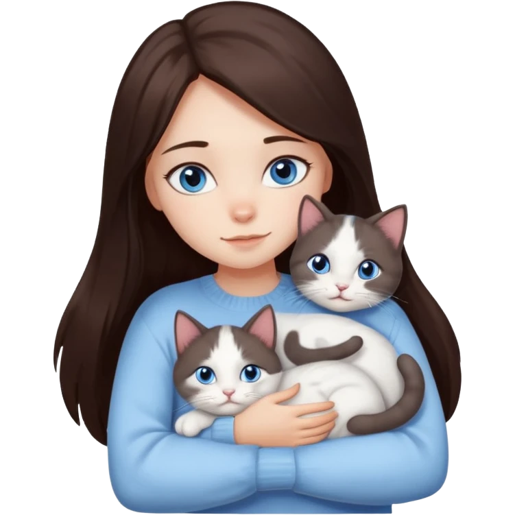 a girl with long dark 
brown hair, with blue eyes, in a
white sweater, hugs 3 different natural coloured cats emoji
