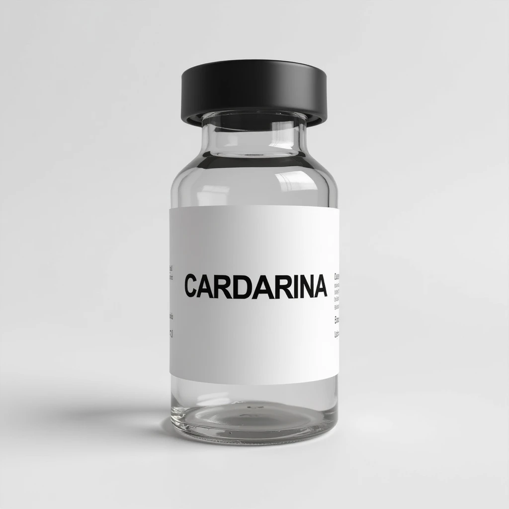 hyperrealistic 4K medicinal vial with a clearly visible label showing the word 'CARDARINA' in large block letters emoji