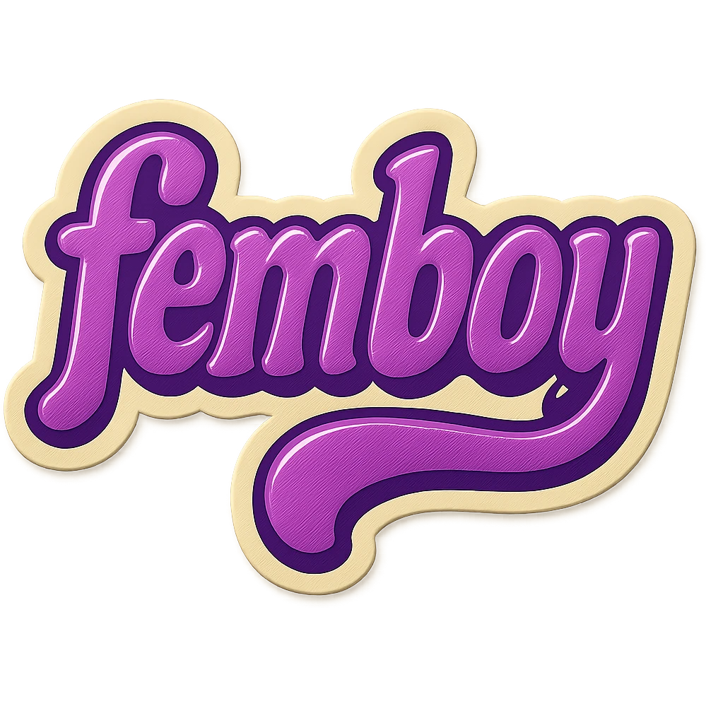 vintage retro sticker with the word 'femboy' in playful, bold, purple text emoji