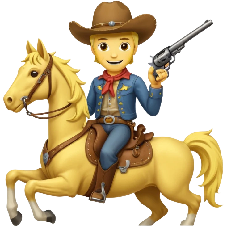 Cowboy riding a horse with revolver. Cowboy With yellow skin and smilling. I mean the face should yellow like mustard color. Simplize it and I need a full pic with horse. Like I need the leg part too emoji