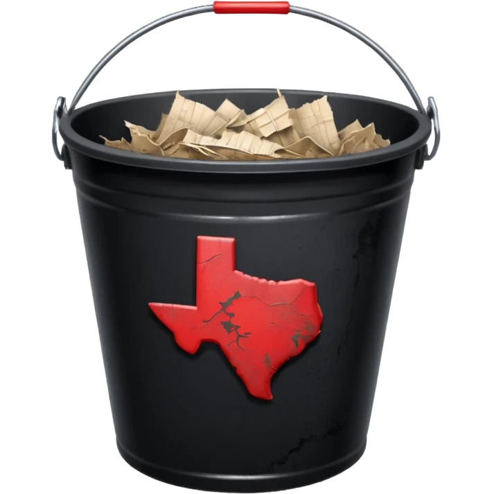 black bucket no handles, shredded paper inside, red texas on front emoji