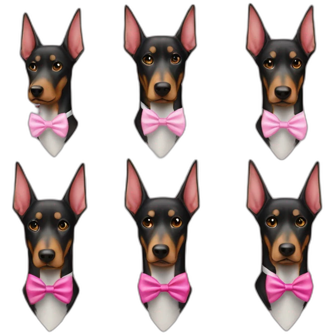 a-white-doberman-with-a-pink-bow-tie-on-the-neck-straight-ears,-a-black-one-and-a-brown-one emoji
