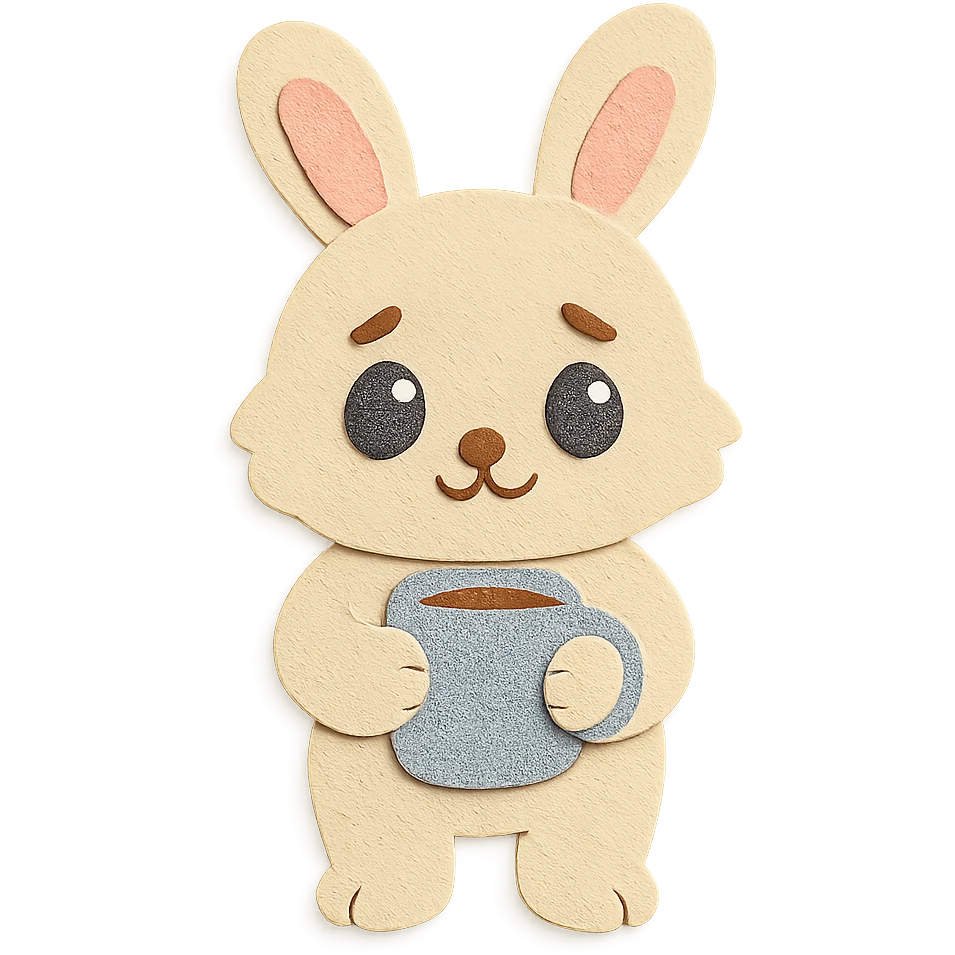 full-body fluffy cream bunny with big teardrop eyes holding a coffee mug with both hands, cozy expression, standing pose, pastel soft tones, paper-craft style emoji