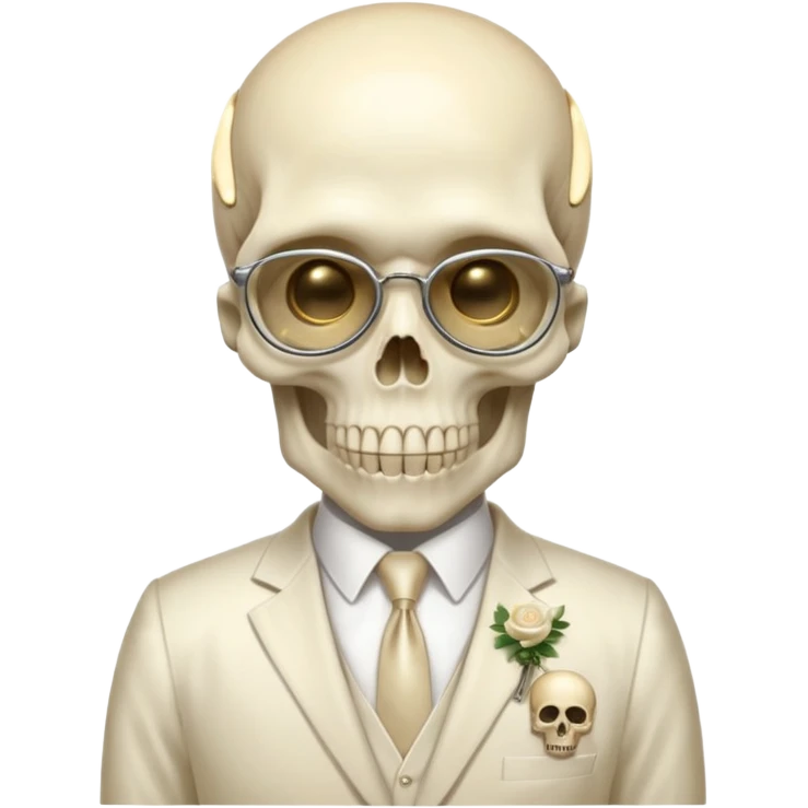 aesthetic shiny glowing divine lighting - a politician in an ivory ethereal suit wears a white tie, has a skull instead of a head, and instead of glasses, has a metal plate with screws over his eyes emoji