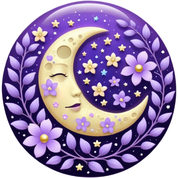 Beautiful poetic ethereal romantic aesthetic sparkly glittery shiny pretty floating pastel lilac lavender Violet moon and flowers and leaves aesthetic deco emoji