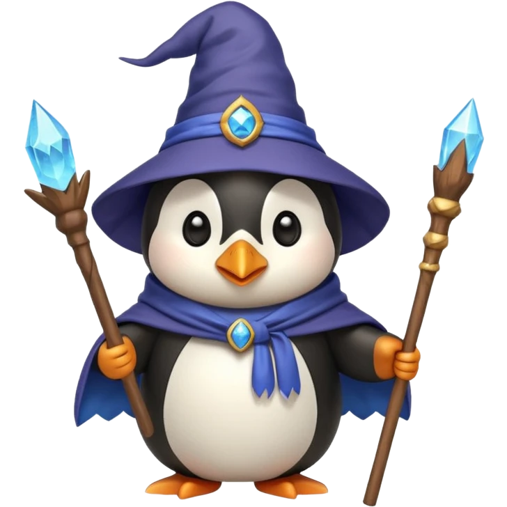 cute penguin holding a staff, wearing a wizard cloak and hat, emoji style emoji