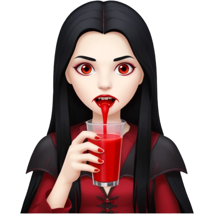 vampire using a juice box, long hair, red juice emoji