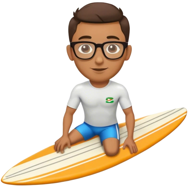 British man with glasses on surfboard. Indian/ white mixed race. emoji