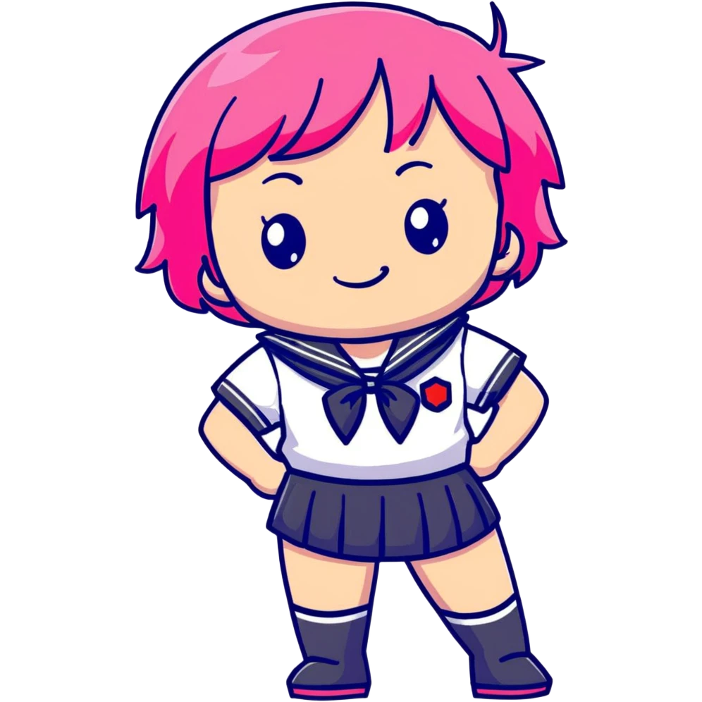 Anime girl with short bright pink hair wearing Japanese sailor style school uniform, confident pose with hand on hip and bright cheerful grin, excited and happy emoji