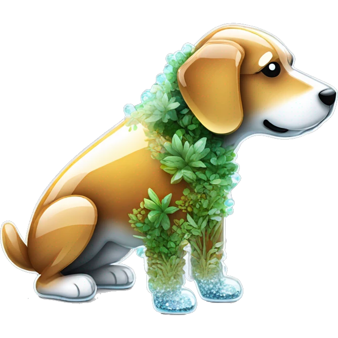 A dog made entirely of glass mirror crystals prisms glass transparent filled with plants as a terrarium emoji
