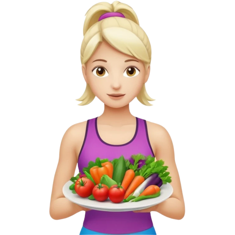 girl in sport clothes which give us the plate with vegetables emoji