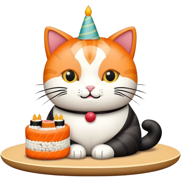 cat with a birthday cake made out of sushi emoji