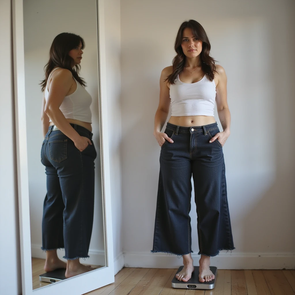 adult woman, photorealistic, yo-yo diet, standing in front of mirror, holding pants of two different sizes, uncertain expression, scale on floor, natural light, bedroom background emoji