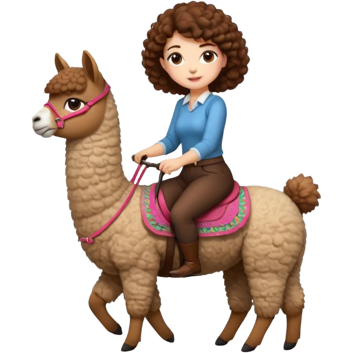 cute woman short tight curly brown hair riding an alpaca emoji