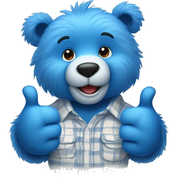 Fuzzy blue bear wearing a shirt giving a thumbs up emoji