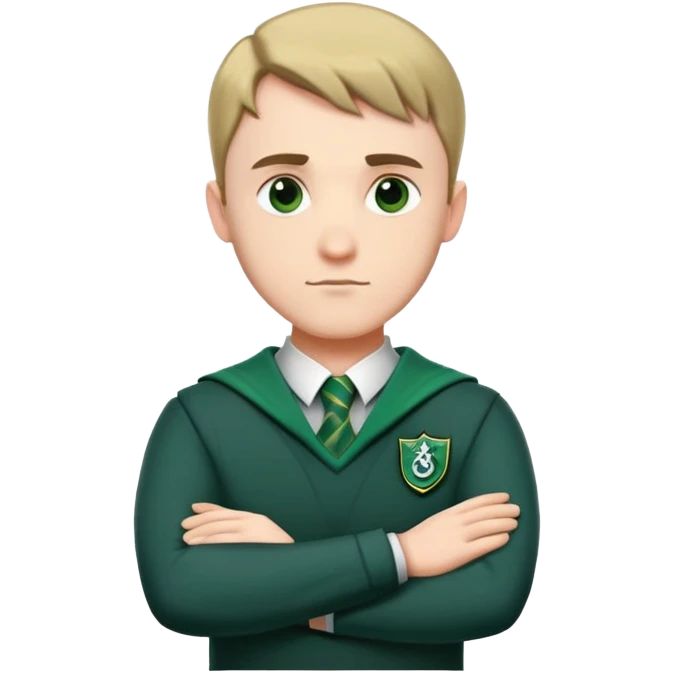An adult man slightly to the side looking forward with crossed arms wearing the Slytherin uniform emoji