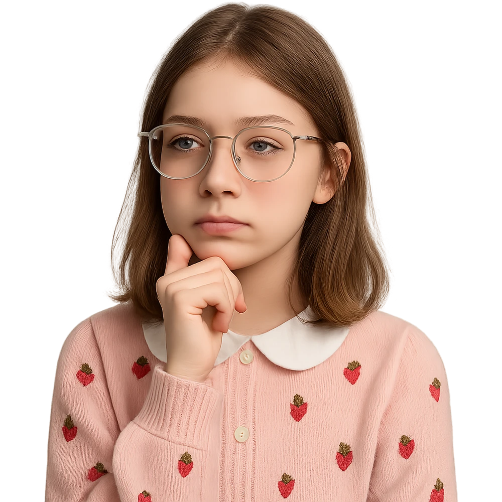 teen girl with clear glasses, shoulder length light brown hair, cute core style, looking thoughtful, no smile emoji