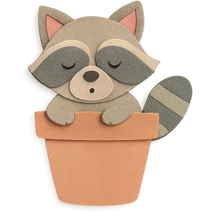 A sleepy raccoon inside a flower pot, rendered in pastel earthy colors and soft pastel tones, high-quality paper-craft style illustration, transparent background emoji