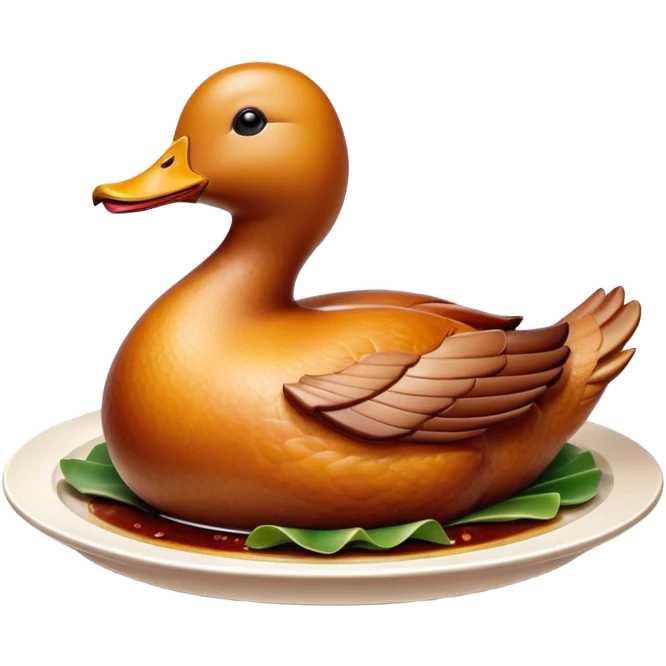 Cinematic Realistic Peking Duck Dish Emoji, depicted with crispy, roasted duck with glistening skin and succulent meat, rendered with rich textures and dramatic, appetizing lighting. emoji