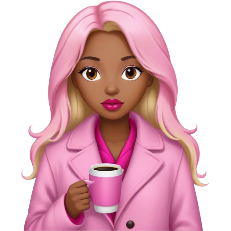 A black woman with a coat pink a pijama pink, long blond Hair, coffe eyes, red lips  emoji