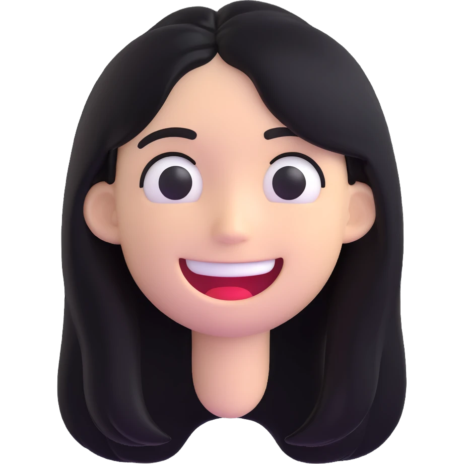 disturbing white emoji, exaggerated smile, long black hair, unsettling and eerie emoji