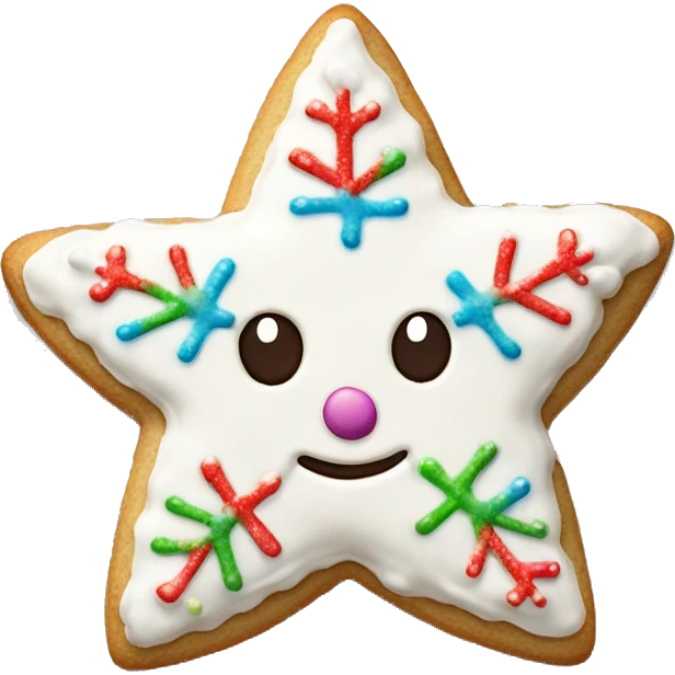 Create a smiley Christmas cookie in the shape of a star or snowflake. The cookies are decorated with white icing and sprinkled with colored sugar. It should look appetizing and festive emoji