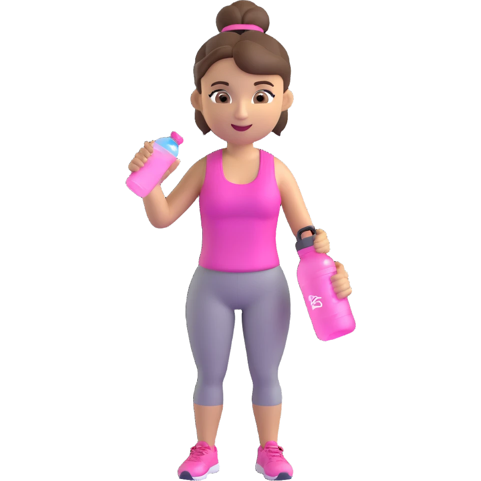 girly gym emoji with pink water bottle, brunette hair in a bun, energetic expression emoji