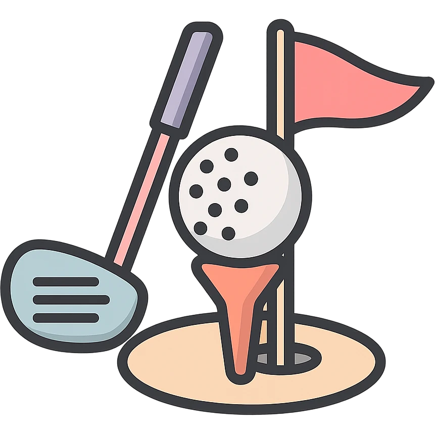 golf ball on a tee with flag in the background and golf club leaning on the tee, icon-color-outlined style, detailed shading, thin clean outlines, soft rounded features, pastel palette #98B5BC #B5B3C1 #C9A3C9 #E4C0CA #F7DCD1 #F7C0AA, Japanese pop art, sticker look, highly detailed, vector clarity, soft lighting, subtle shadows, transparent background emoji