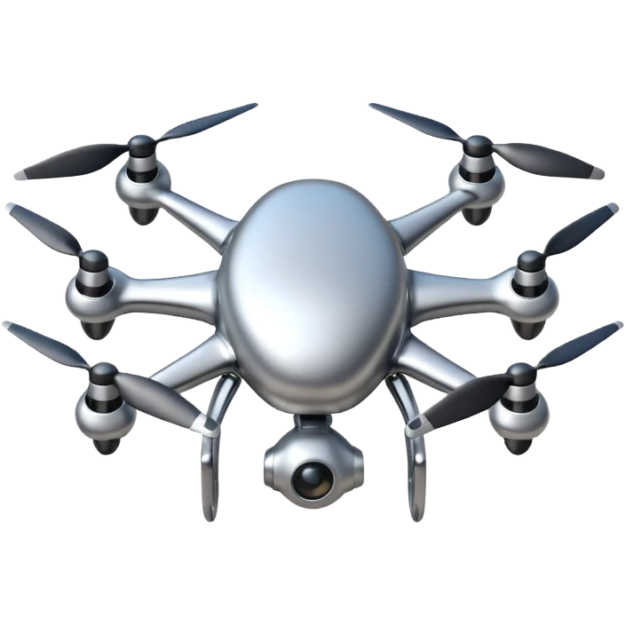 A futuristic drone emoji made of polished silver chrome, smooth rounded body, minimal propellers, reflective metallic surface, soft studio lighting, iOS emoji style, centered, clean white background emoji