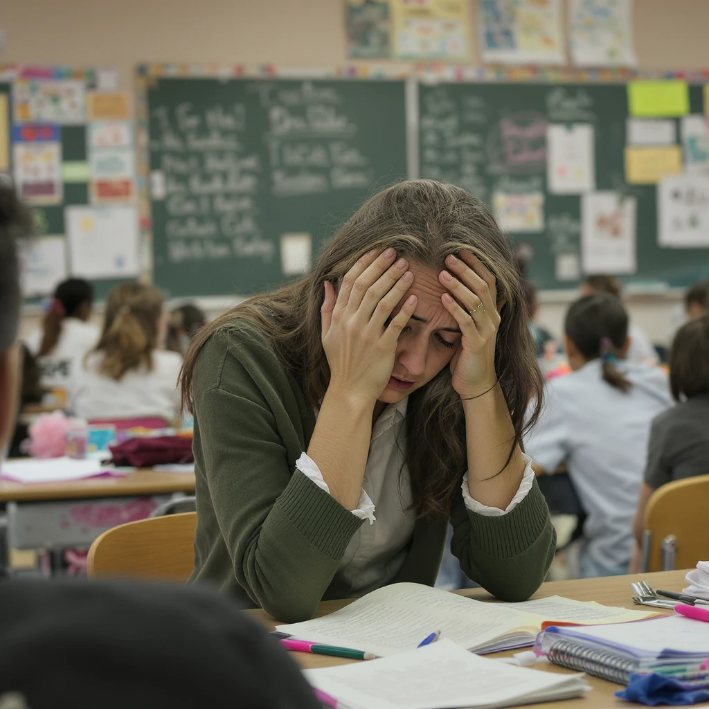 exhausted teacher in a bustling classroom emoji