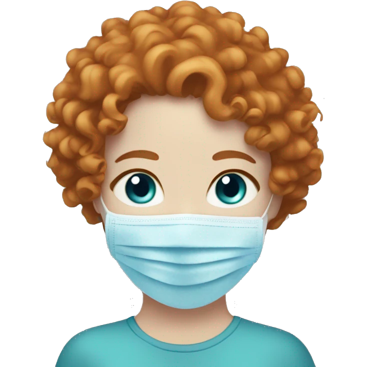 Girl with curly ginger hair, pale skin and blue eyes doing a face mask emoji